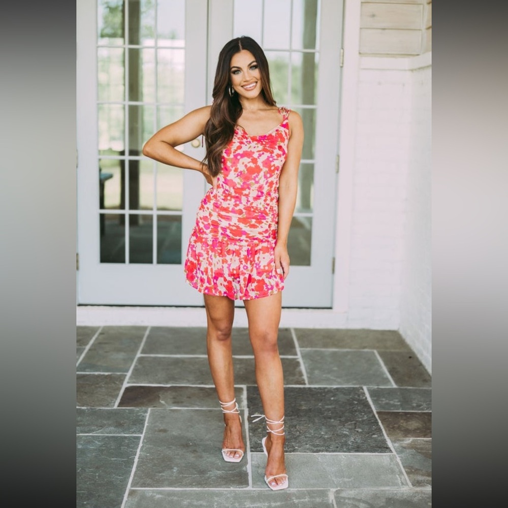 Cowl Neck Floral Ruched Dress